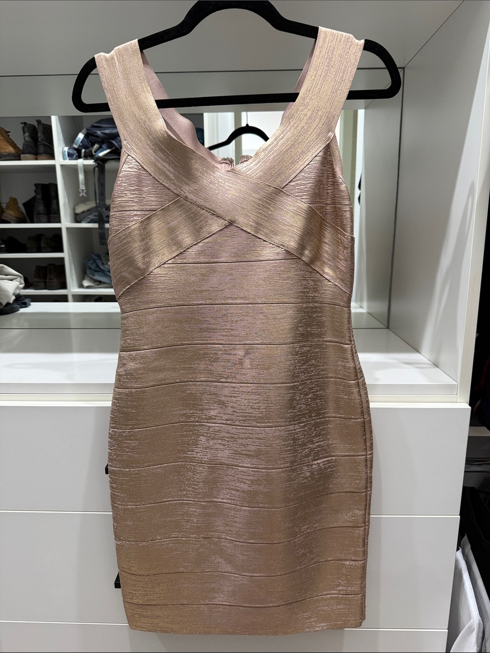 Herv Leger Sleeveless Metallic Rose Gold Bandage Dress